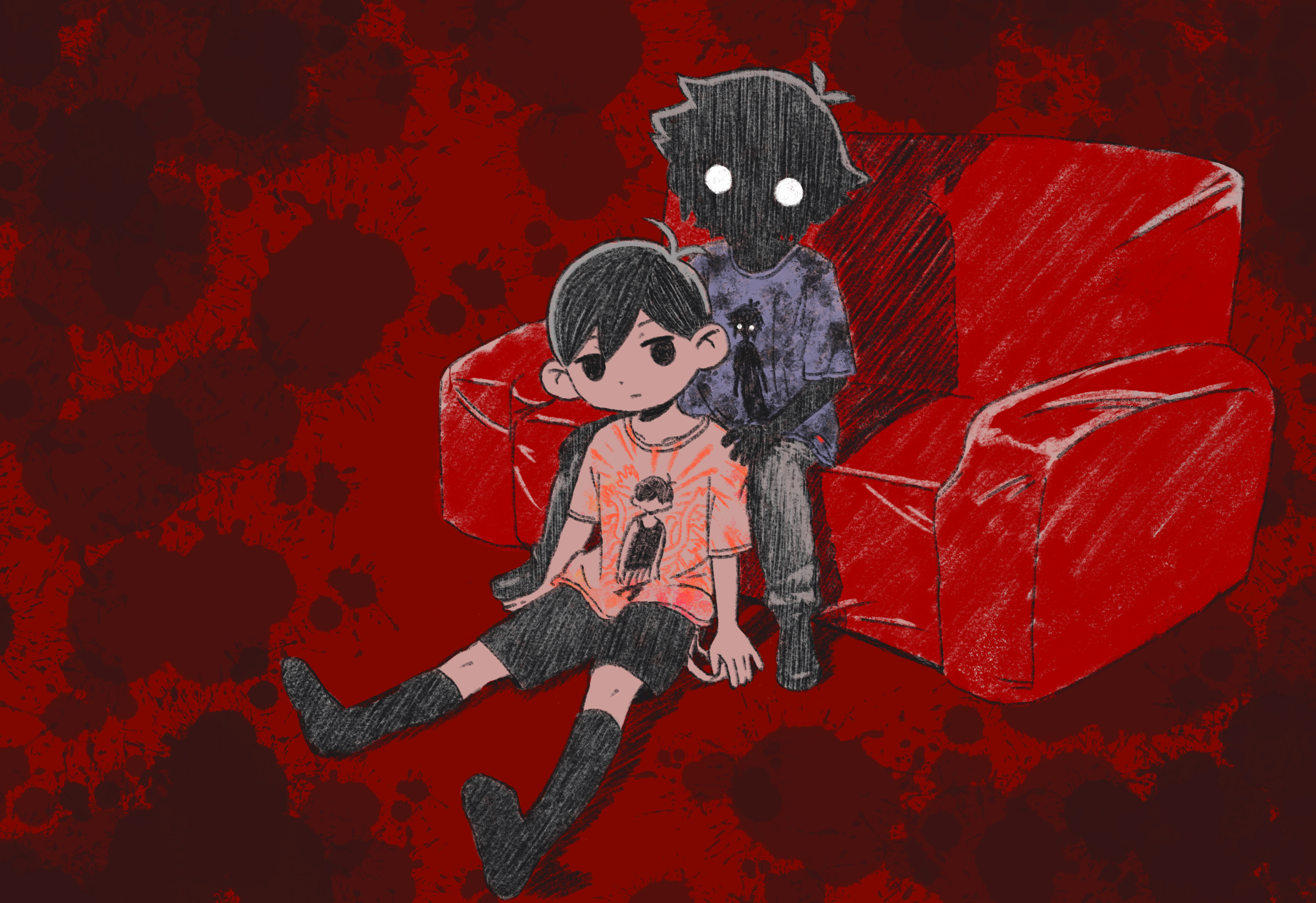 sun iiinu, omori (omori), stranger (omori), omori, highres, 2boys, alternate costume, antenna hair, arm support, black eyes, black hair, black pants, black shorts, black skin, black socks, closed mouth, collarbone, colored skin, couch, double-parted bangs, expressionless, hair between eyes, hand on another's shoulder, kneehighs, looking at viewer, male focus, multiple boys, pants, shirt, short hair, shorts, sitting, socks, t-shirt, white eyes, white shirt, white skin