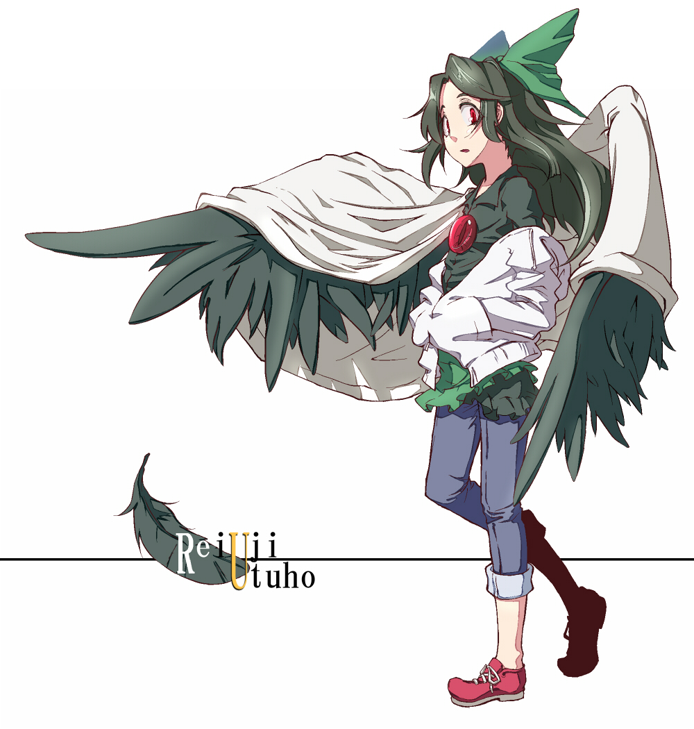 aya shachou, reiuji utsuho, touhou, bad id, bad pixiv id, 1girl, alternate costume, black hair, black wings, bow, casual, character name, contemporary, feathers, female focus, hair bow, jacket, long hair, no socks, red eyes, solo, white background, wings