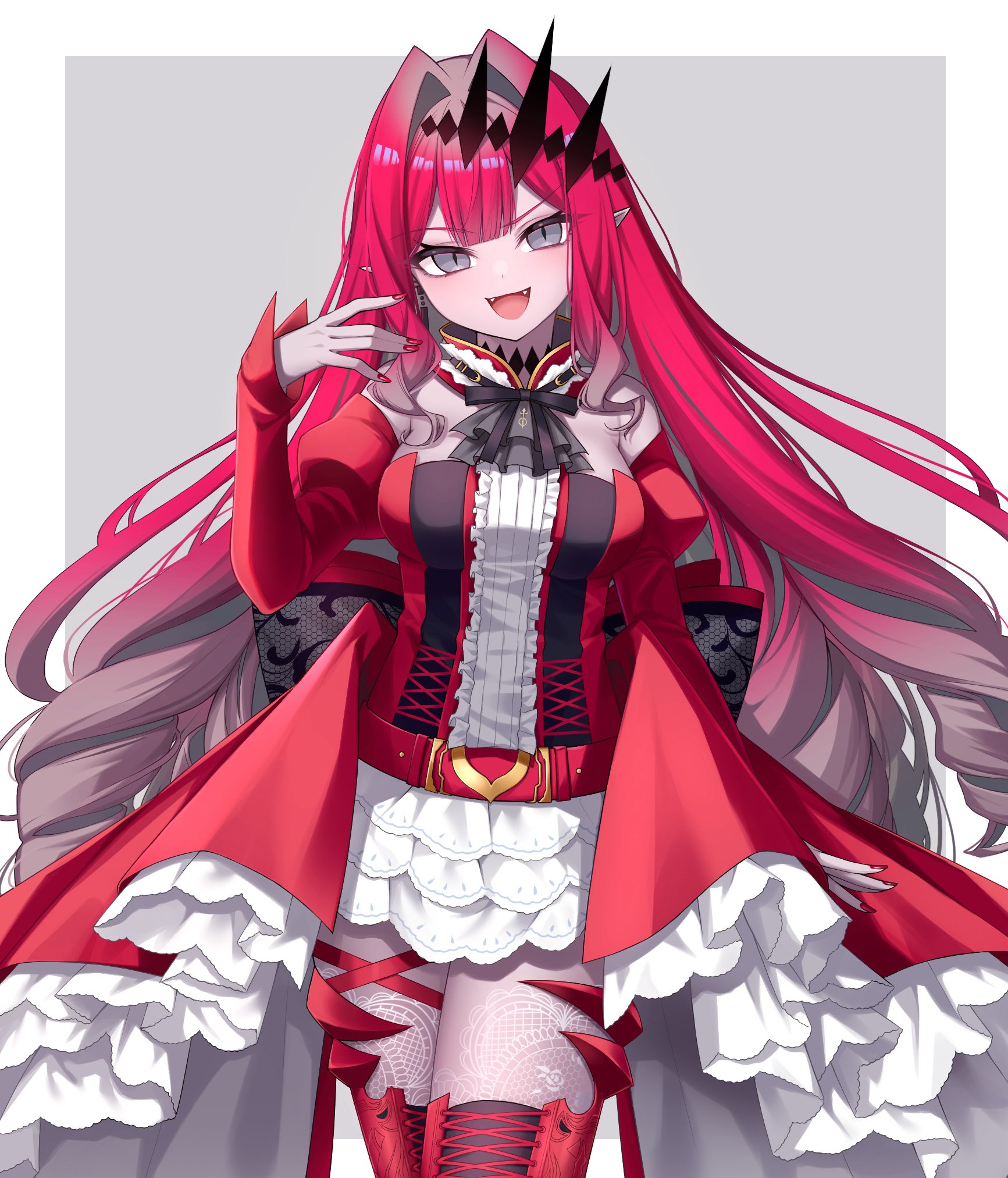 hoshino reiji, baobhan sith (fate), baobhan sith (first ascension) (fate), fate/grand order, fate (series), highres, 1girl, bare shoulders, breasts, detached sleeves, dress, fangs, frilled dress, frills, grey eyes, large breasts, long hair, looking at viewer, open mouth, pointy ears, red dress, red hair, red nails, solo, thighhighs