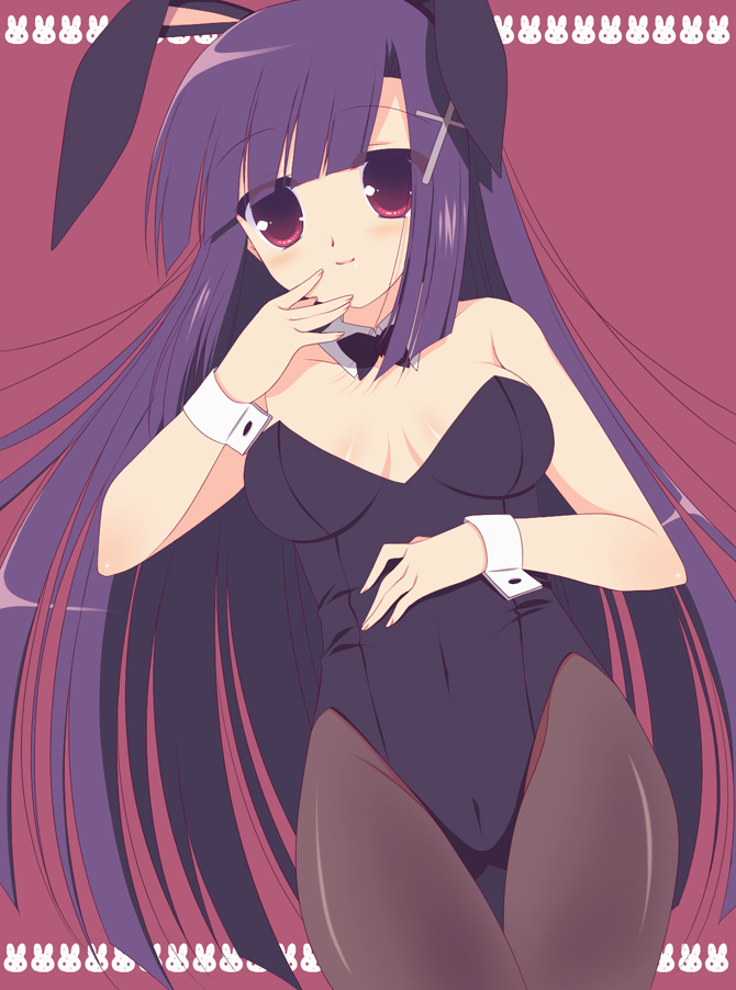 sumii, zange, kannagi, eyebrows, bad id, bad pixiv id, 00s, 1girl, animal ears, bare shoulders, breasts, detached collar, fake animal ears, female focus, long hair, pantyhose, playboy bunny, purple hair, rabbit ears, red eyes, solo, thigh gap, thighs