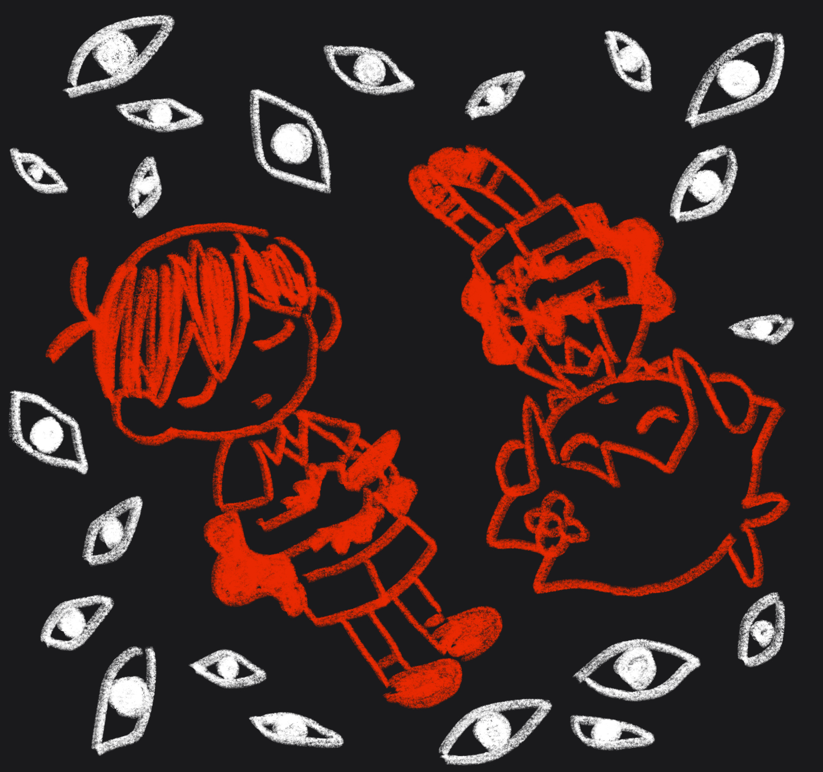 sun iiinu, basil (faraway) (omori), basil (omori), something (omori), sunny (omori), omori, highres, spoilers, 2boys, antenna hair, black background, blood, blood on clothes, chibi, chibi only, closed eyes, closed mouth, collared shirt, double-parted bangs, flower, hair between eyes, hair flower, hair ornament, holding, holding knife, knife, limited palette, male focus, multiple boys, shirt, shoes, short hair, shorts, sidelocks, simple background, socks, stab, suicide, sweater vest