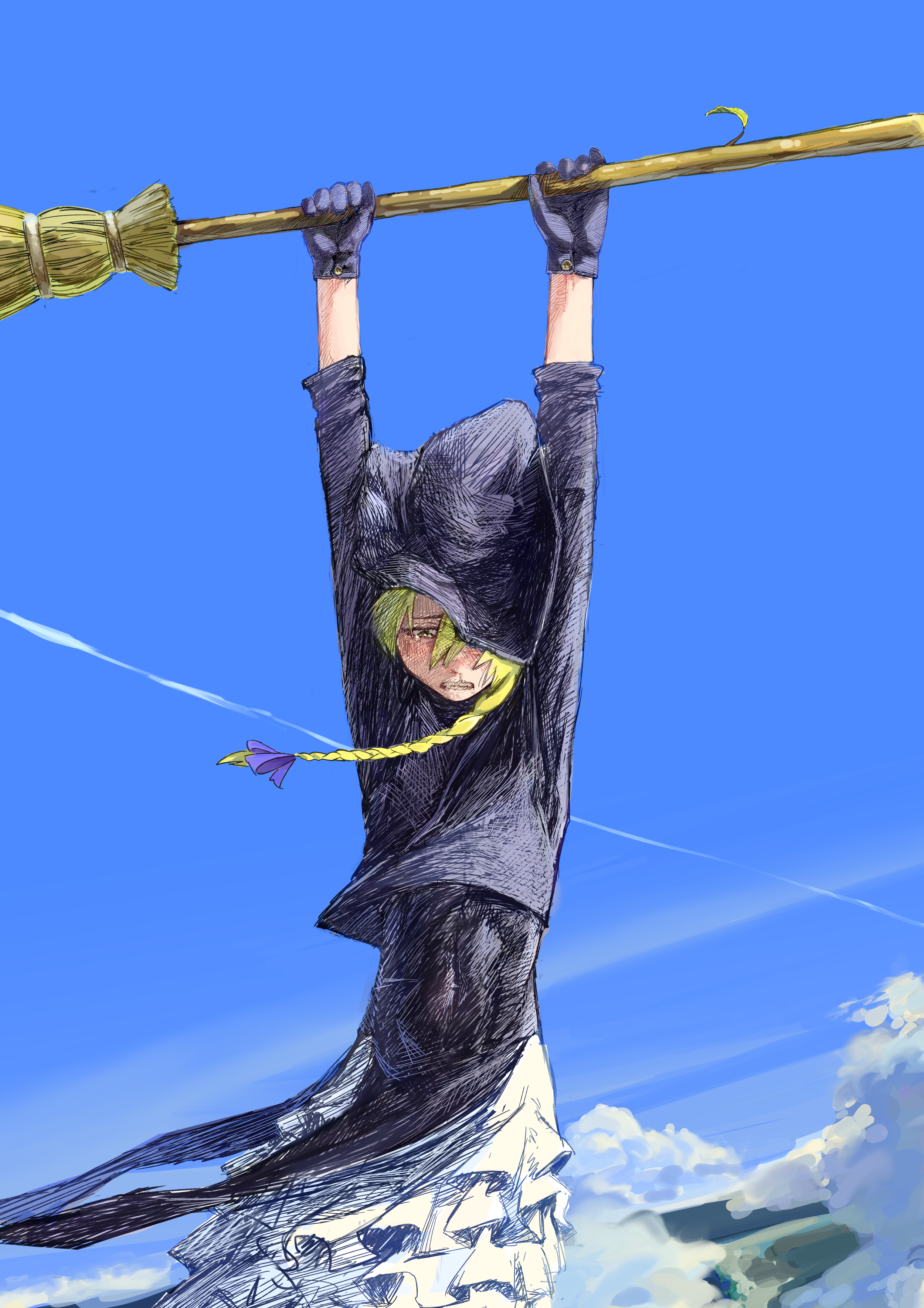 satodesu cookie, kirisame marisa, rei (cookie), cookie (touhou), touhou, absurdres, commentary request, highres, 1boy, above clouds, black coat, black gloves, black hat, blonde hair, blue sky, bow, braid, broom, cloud, coat, contrail, cowboy shot, crossdressing, day, falling, genderswap, genderswap (ftm), gloves, hair bow, hanging on, hat, long hair, looking down, male focus, petticoat, purple bow, side braid, single braid, sky, solo, trap, witch hat