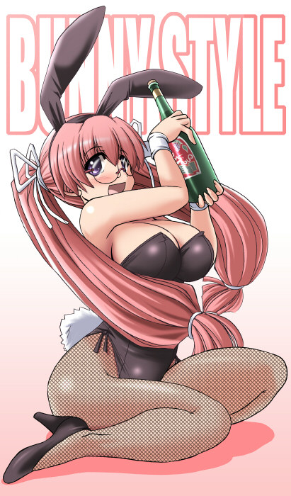 tonpuu, log-mi (tonpuu), original, alcohol, animal ears, breasts, drink, drunk, fake animal ears, fishnet pantyhose, fishnets, glasses, large breasts, long hair, pantyhose, pink hair, playboy bunny, purple eyes, rabbit ears, solo, twintails, wine