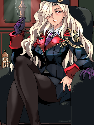 punpun, original, lowres, 1girl, aiguillette, blonde hair, cigarette, female focus, lipstick, long hair, makeup, military, military uniform, pantyhose, red eyes, sitting, smoking, solo