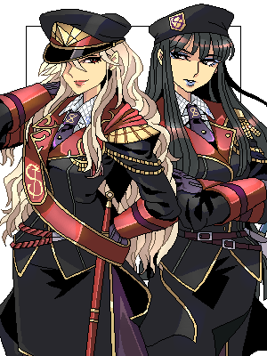 punpun, original, lowres, 2girls, aiguillette, black hair, blonde hair, long hair, military, military uniform, multiple girls, pantyhose