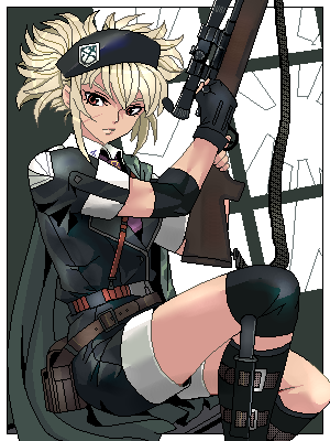 punpun, uniform, lowres, belt, beret, blonde hair, fingerless gloves, gloves, gun, hat, knife, red eyes, rifle, scar, solo, weapon