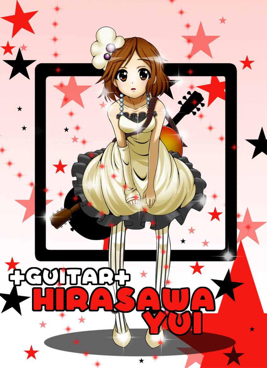 saruno banana, hirasawa yui, don't say "lazy", k-on!, 00s, 1girl, bent over, brown eyes, brown hair, dress, female focus, fingerless gloves, frills, full body, gloves, guitar, instrument, pantyhose, short hair, solo, striped clothes, striped pantyhose, vertical-striped clothes, vertical-striped pantyhose