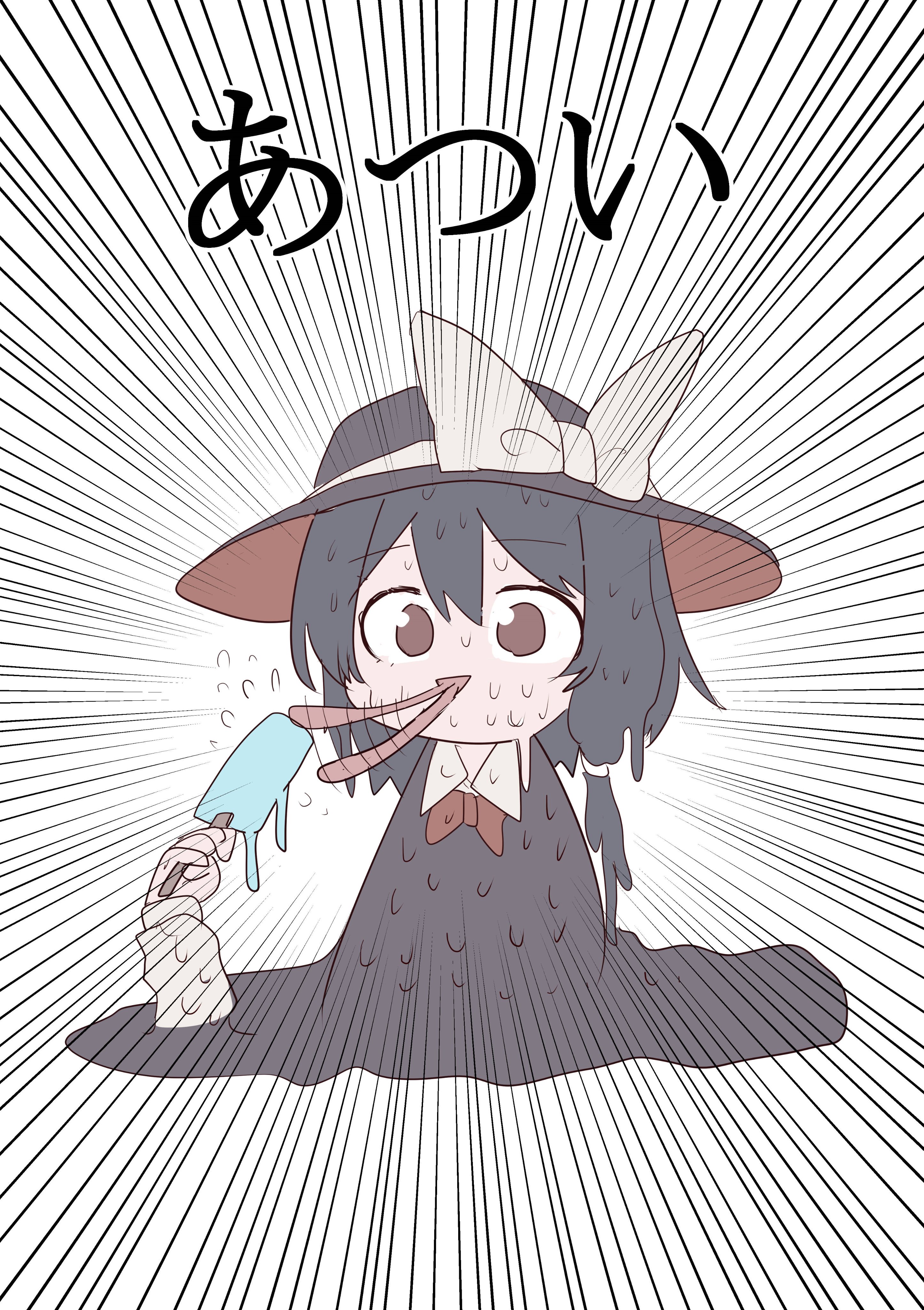 muraryo, usami renko, touhou, absurdres, highres, 1girl, black capelet, black hat, bow, bowtie, capelet, collar, food, hair between eyes, hat, hat bow, holding, holding food, holding popsicle, licking, licking food, melting, melting popsicle, popsicle, red bow, red bowtie, red eyes, shirt, sleeve cuffs, solo, sweat, tongue, tongue out, white bow, white collar, white shirt