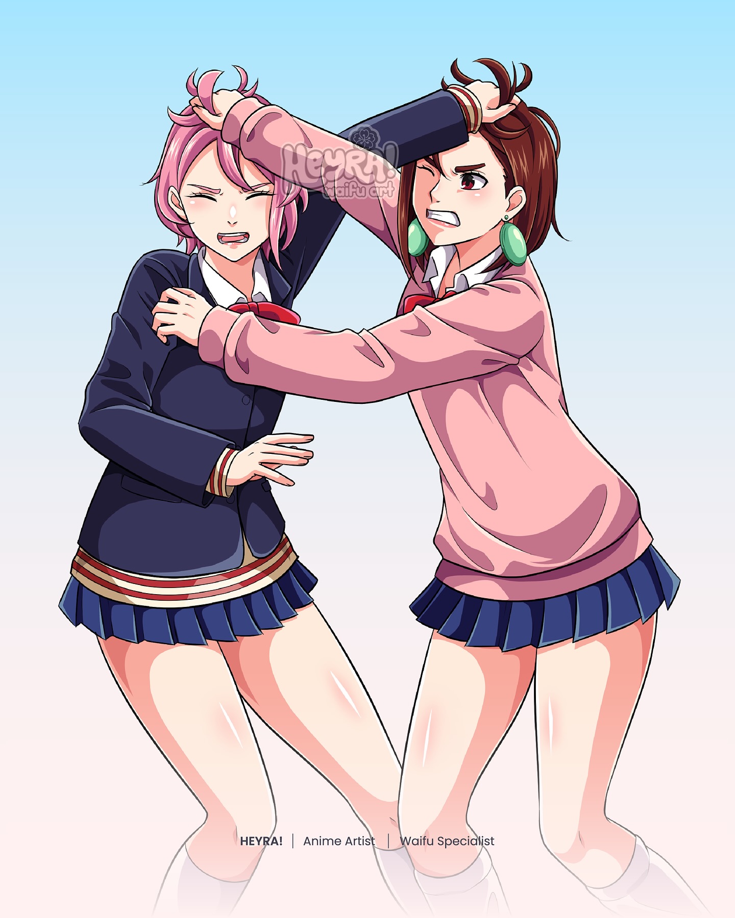 ayase momo, shiratori aira (dandadan), dandadan, commentary, commission, english commentary, highres, 2girls, artist name, black jacket, bow, brown eyes, brown hair, clenched teeth, closed eyes, earrings, fighting, grabbing another's hair, heyreza.art, holding another's hair, jacket, jewelry, miniskirt, multiple girls, one eye closed, open mouth, pink hair, pink sweater, pleated skirt, red bow, scene reference, school uniform, short hair, skirt, socks, sweater, teeth, watermark, white socks