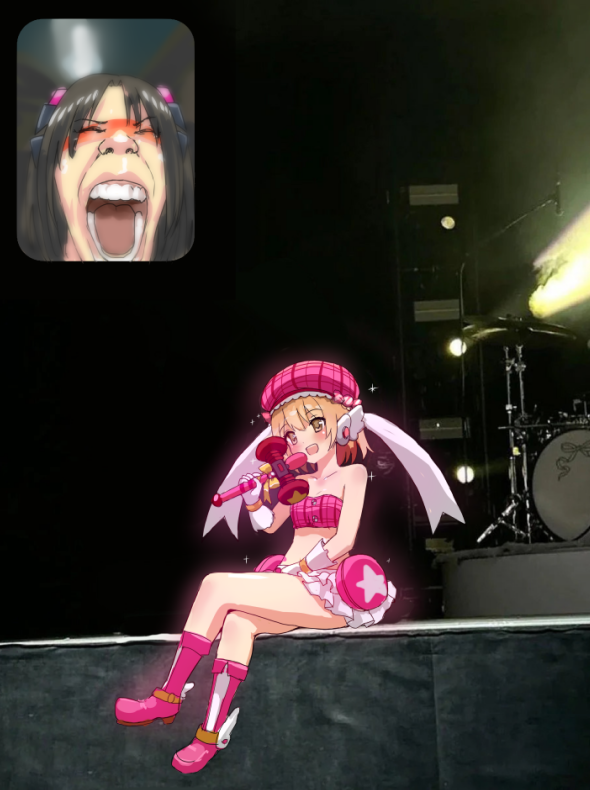 tsiruot, katalina b.g., lala ricotte, cosmic break, 2girls, bare shoulders, beret, black hair, boots, brown eyes, brown hair, crossed legs, fan screaming at madison beer (meme), frilled skirt, frills, gloves, hat, holding, holding microphone, idol, meme, microphone, midriff, miniskirt, multiple girls, music, open mouth, photo background, pink boots, short hair, singing, sitting, skirt, smile, teeth, white gloves, winged boots