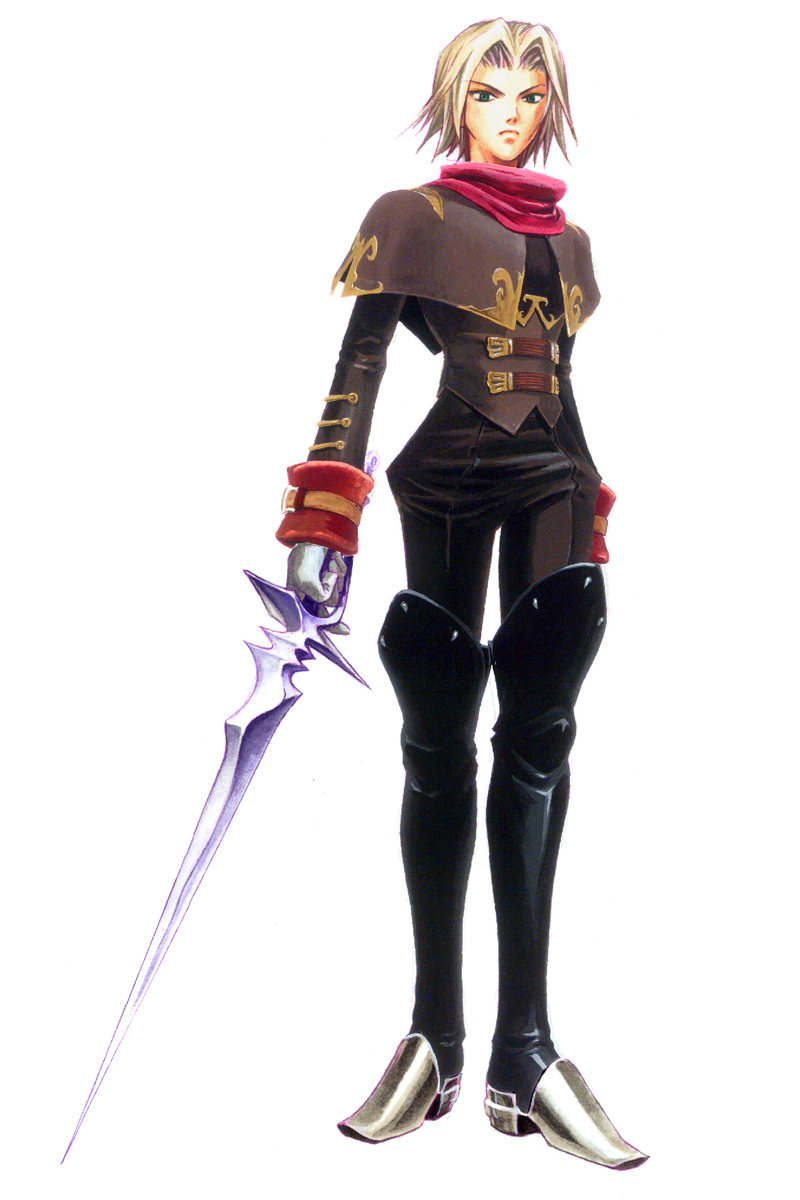 hoshi itsuki, ramirez, eternal arcadia, highres, official art, 1girl, arms at sides, black boots, boots, corset, female focus, full body, holding, holding sword, holding weapon, simple background, solo, standing, sword, thighhighs, v-shaped eyebrows, weapon, white background