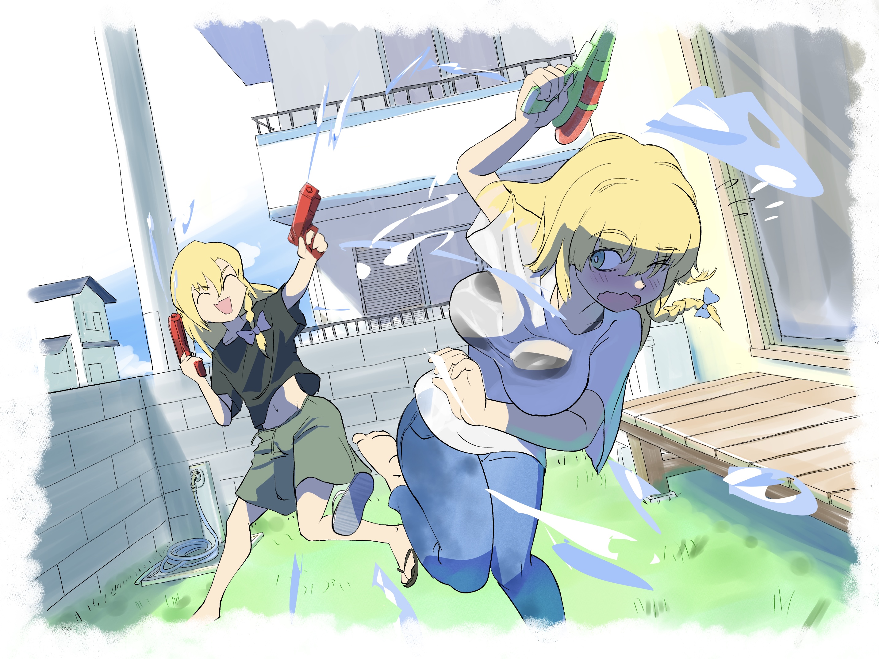 blackmznight, kirisame marisa, mars (cookie), rei (cookie), cookie (touhou), touhou, commentary request, highres, 1boy, 1girl, bikini, bikini under clothes, black sandals, black shirt, blonde hair, blue pants, blush, bow, breasts, closed eyes, day, full body, genderswap, genderswap (ftm), green eyes, green shorts, hair bow, holding, holding water gun, large breasts, long hair, looking at viewer, one eye closed, open mouth, outdoors, pants, purple bow, sandals, shirt, short sleeves, shorts, smile, swimsuit, trap, water, water gun, wet, wet clothes, wet shirt, white shirt