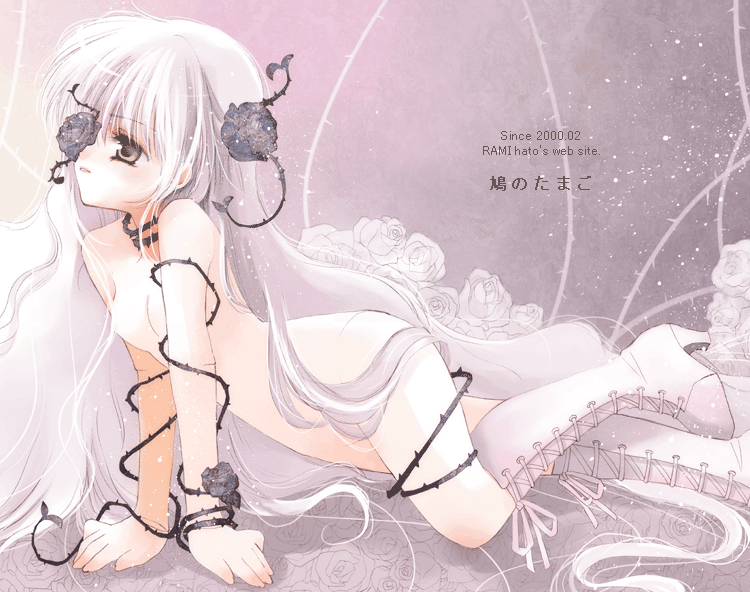 hato rami, kirakishou, rozen maiden, 00s, 1girl, all fours, boots, eyepatch, female focus, flat chest, flower, grey eyes, high heels, knee boots, long hair, nude, rose, shoes, solo, very long hair, white hair