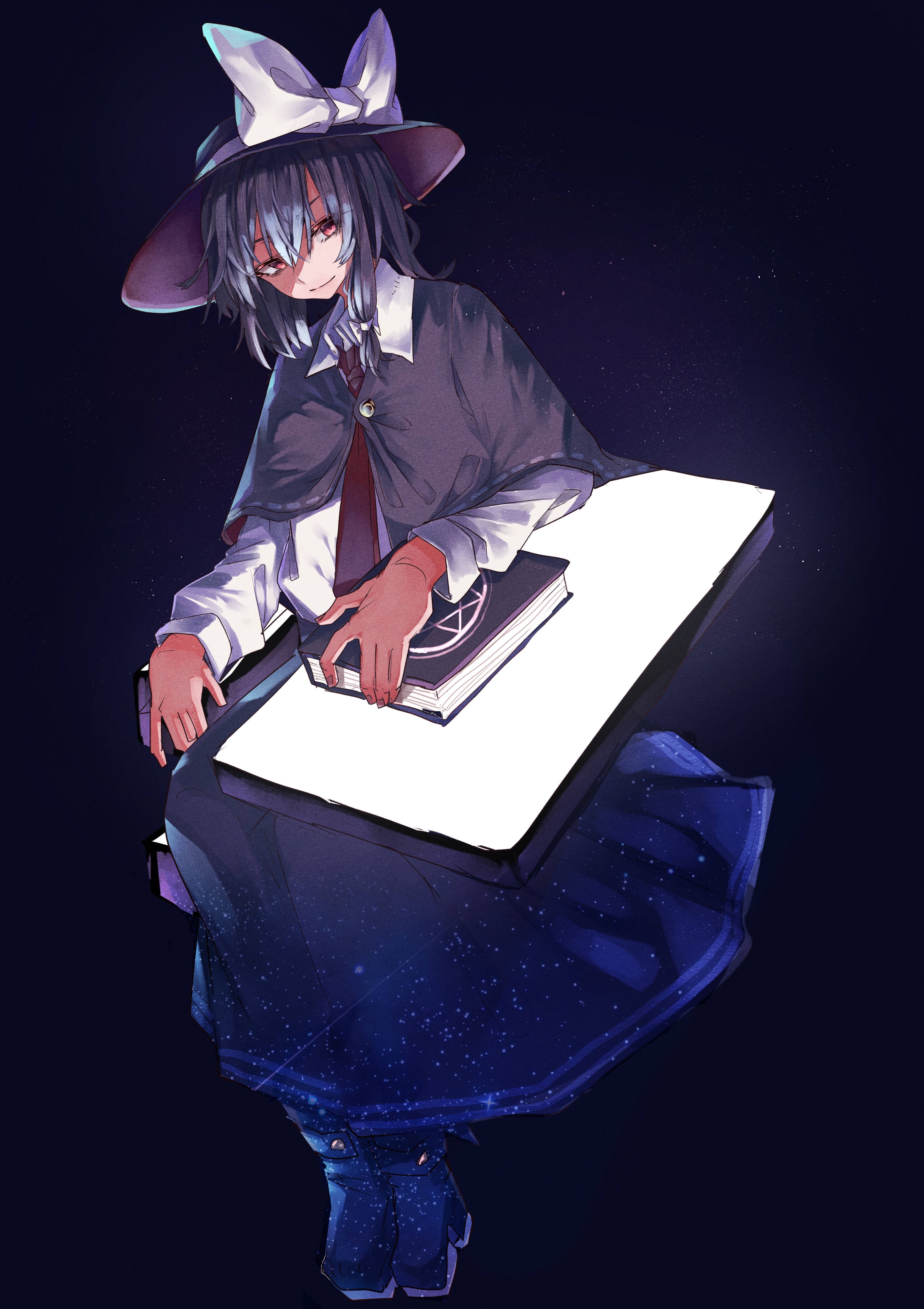 muraryo, usami renko, touhou, absurdres, highres, 1girl, black boots, black capelet, black hair, black hat, black skirt, book, boots, bow, capelet, collar, hair between eyes, hair bow, hand on book, hat, hat bow, long sleeves, necktie, red eyes, shirt, short hair, skirt, sleeve cuffs, smile, solo, star (sky), white bow, white collar, white shirt