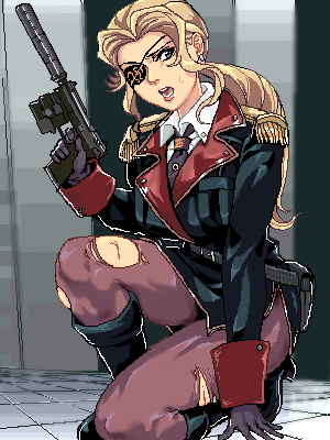 punpun, heckler & koch, original, lowres, 1girl, black boots, blonde hair, boots, epaulettes, eyepatch, female focus, gloves, gun, jacket, military, military jacket, military uniform, on one knee, pantyhose, ponytail, solo, torn clothes, torn pantyhose, weapon