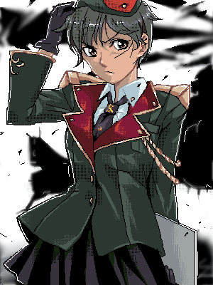 punpun, original, lowres, 1girl, aiguillette, brown eyes, female focus, gloves, military, military uniform, short hair, solo