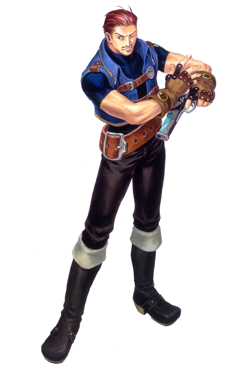 hoshi itsuki, dyne (etneral arcadia), dyne (skies of arcadia), eternal arcadia, highres, official art, 1boy, black boots, boots, gun, male focus, one eye closed, solo, weapon, wink