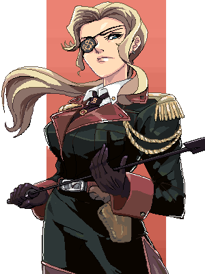 punpun, original, lowres, 1girl, aiguillette, blonde hair, eyepatch, female focus, holding, holding riding crop, military, military uniform, ponytail, riding crop, solo, whip