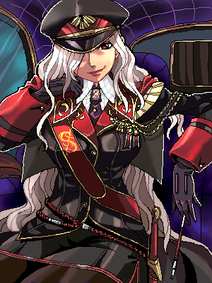 punpun, original, lowres, 1girl, aiguillette, blonde hair, female focus, gloves, hat, lips, lipstick, long hair, makeup, military, military uniform, peaked cap, red eyes, solo