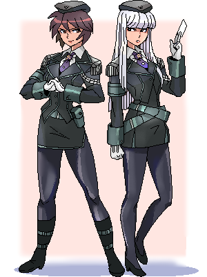 punpun, lowres, brown hair, gloves, long hair, military, military uniform, pantyhose, short hair, white hair