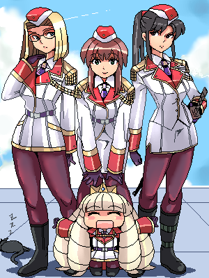 punpun, original, lowres, 4girls, black hair, blonde hair, brown hair, gloves, legs, military, military uniform, multiple girls, pantyhose, ponytail