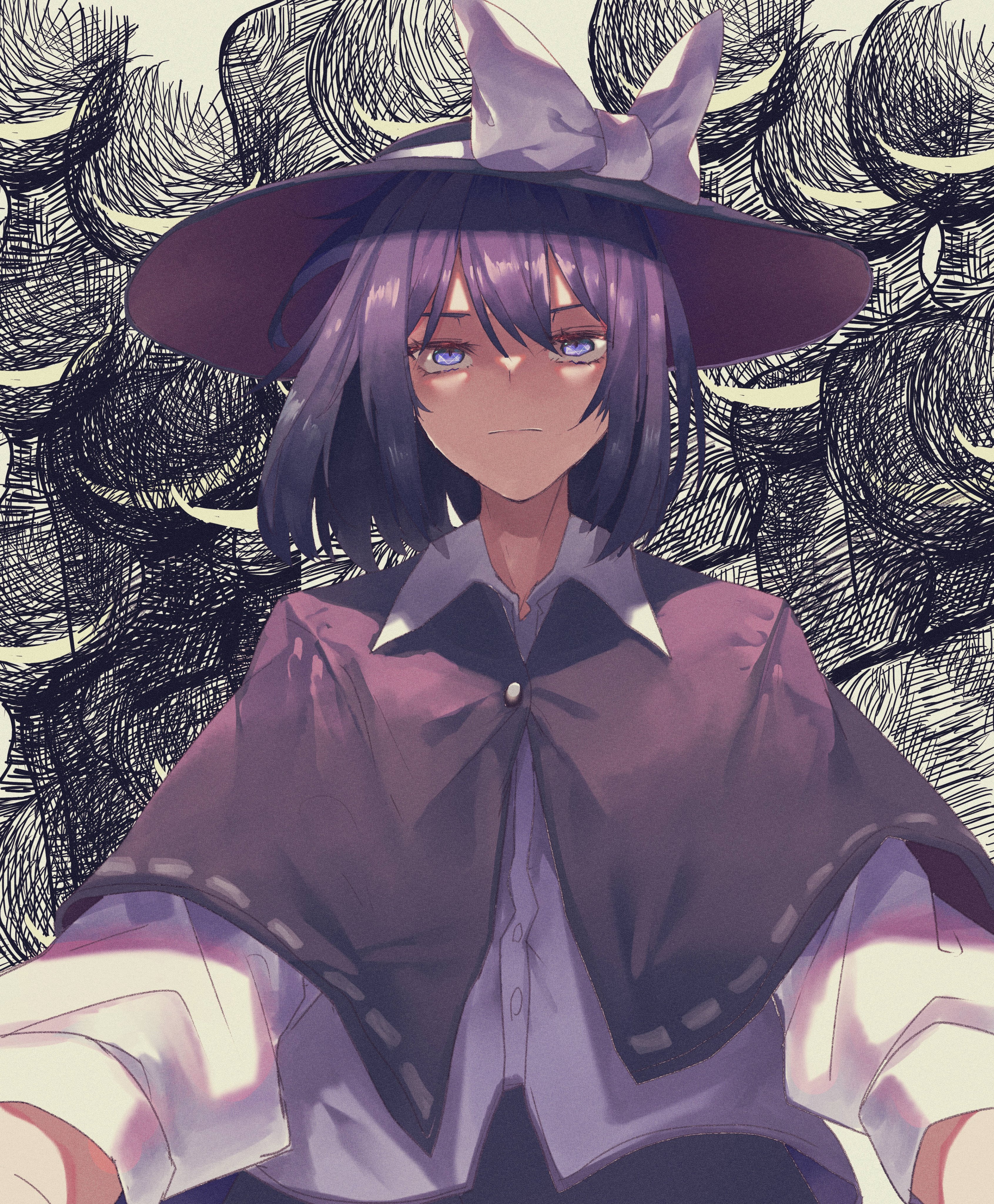 muraryo, usami renko, touhou, absurdres, highres, 1girl, alternate eye color, black capelet, black hair, black hat, black skirt, blue eyes, bow, buttons, capelet, collar, hair between eyes, hat, hat bow, hexagram, long sleeves, shirt, short hair, skirt, sleeve cuffs, solo, white bow, white collar, white shirt