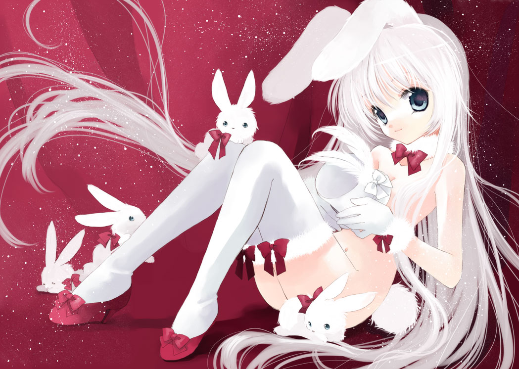 hato rami, original, fur, 1girl, animal ears, aqua eyes, bow, feathers, female focus, flat chest, high heels, long hair, nude, rabbit, rabbit ears, rabbit tail, shoes, sitting, solo, tail, thighhighs, twintails, very long hair, white hair, white thighhighs