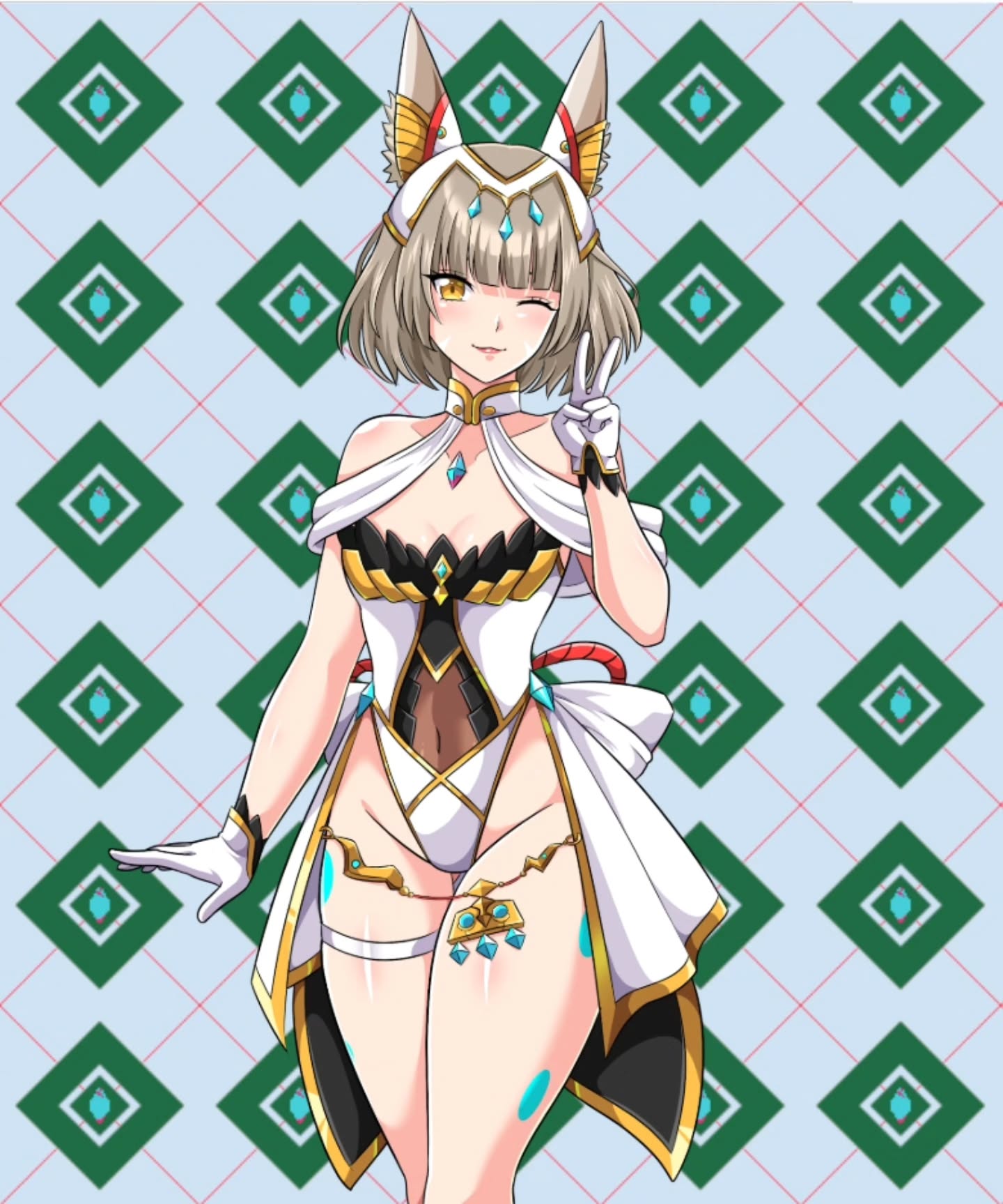 nia (blade) (xenoblade), nia (xenoblade), xenoblade chronicles (series), xenoblade chronicles 2, commentary, english commentary, highres, 1girl, animal ears, bob cut, breasts, cat ears, cleavage, detached collar, gloves, gluteal fold, grey hair, heyreza.art, highleg, highleg leotard, leotard, one eye closed, plaid background, see-through clothes, skirt, small breasts, solo, strapless, strapless leotard, thigh gap, thigh strap, v, white-framed eyewear, white gloves, white skirt, yellow eyes