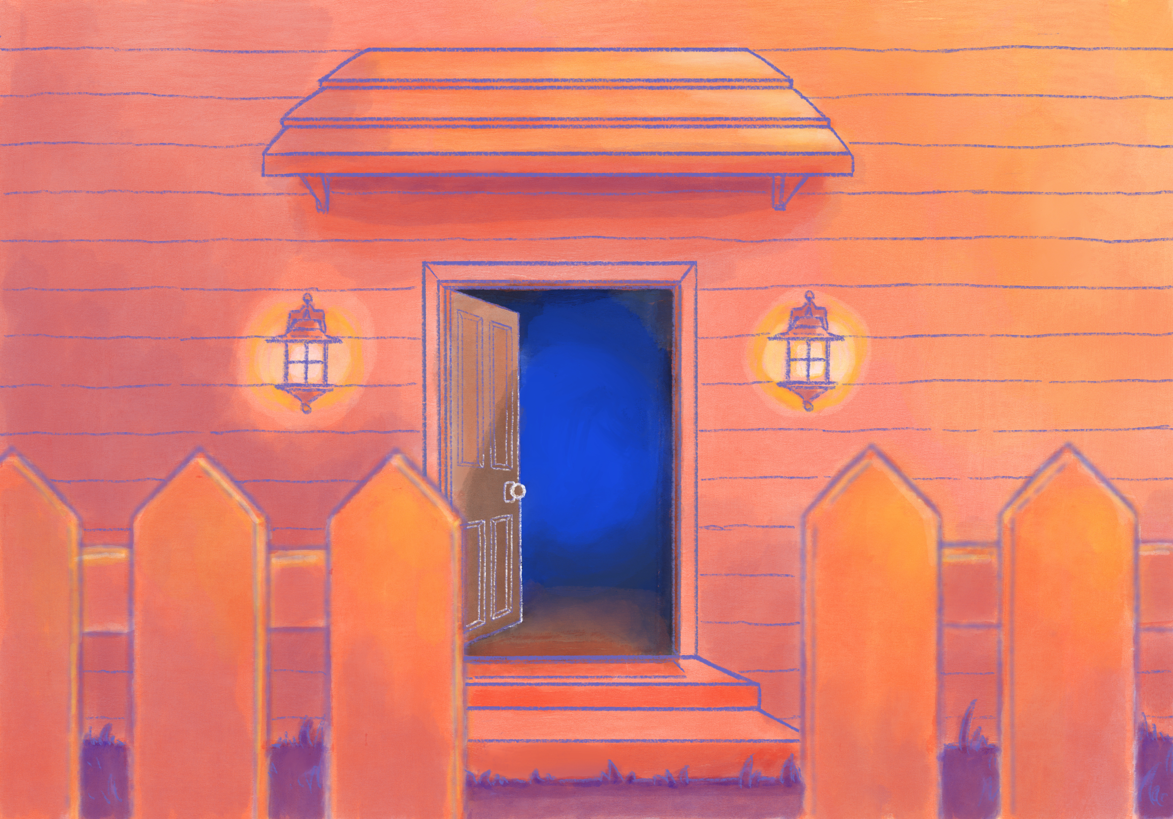 sun iiinu, omori, highres, awning, door, doormat, fence, house, no humans, open door, outdoors, picket fence, stoop (architecture), wooden fence