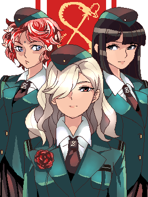 punpun, lowres, 3girls, black hair, blonde hair, blue eyes, flower, multiple girls, pink hair, rose