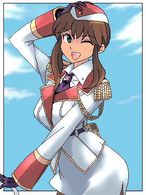 punpun, original, uniform, lowres, 1girl, blue eyes, brown hair, female focus, gloves, one eye closed, pantyhose, solo, twintails, wink