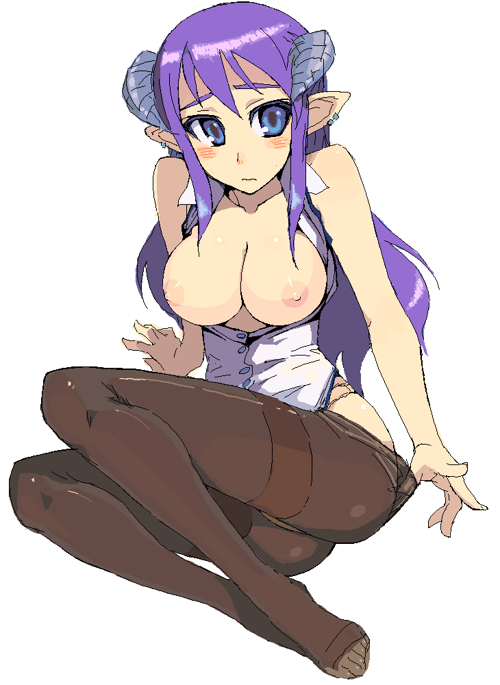 kusanagi tonbo, original, bad id, bad pixiv id, 1girl, ass, blush, breasts, earrings, feet, female focus, horns, jewelry, large breasts, nipples, oekaki, open clothes, open shirt, pantyhose, purple hair, shirt, solo, undressing