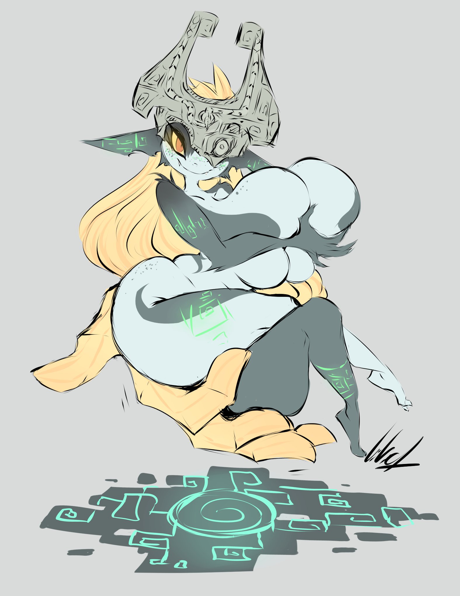 dullvivid, midna, nintendo, the legend of zelda, the legend of zelda: twilight princess, commentary, english commentary, highres, variant set, 1girl, 2022, alternate breast size (larger), arm tattoo, bad anatomy, barefoot, black skin, blue skin, breasts, colored sclera, colored skin, covered eyes, covering breasts, covering privates, crossed legs, curvy, e, extra arms, fang, fang out, floating, grey background, helmet, helmet over eyes, huge breasts, large breasts, leg tattoo, long hair, multicolored skin, navel, nipples, nude, orange hair, plantar flexion, ponytail, portal (object), prehensile hair, red eyes, seductive smile, simple background, sitting, smile, tattoo, thick thighs, thighs, two-tone skin, wide hips, yellow sclera