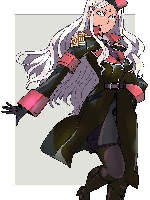 punpun, silver hair, lowres, blue eyes, dark-skinned female, dark skin, long hair, military, military uniform, pantyhose, solo