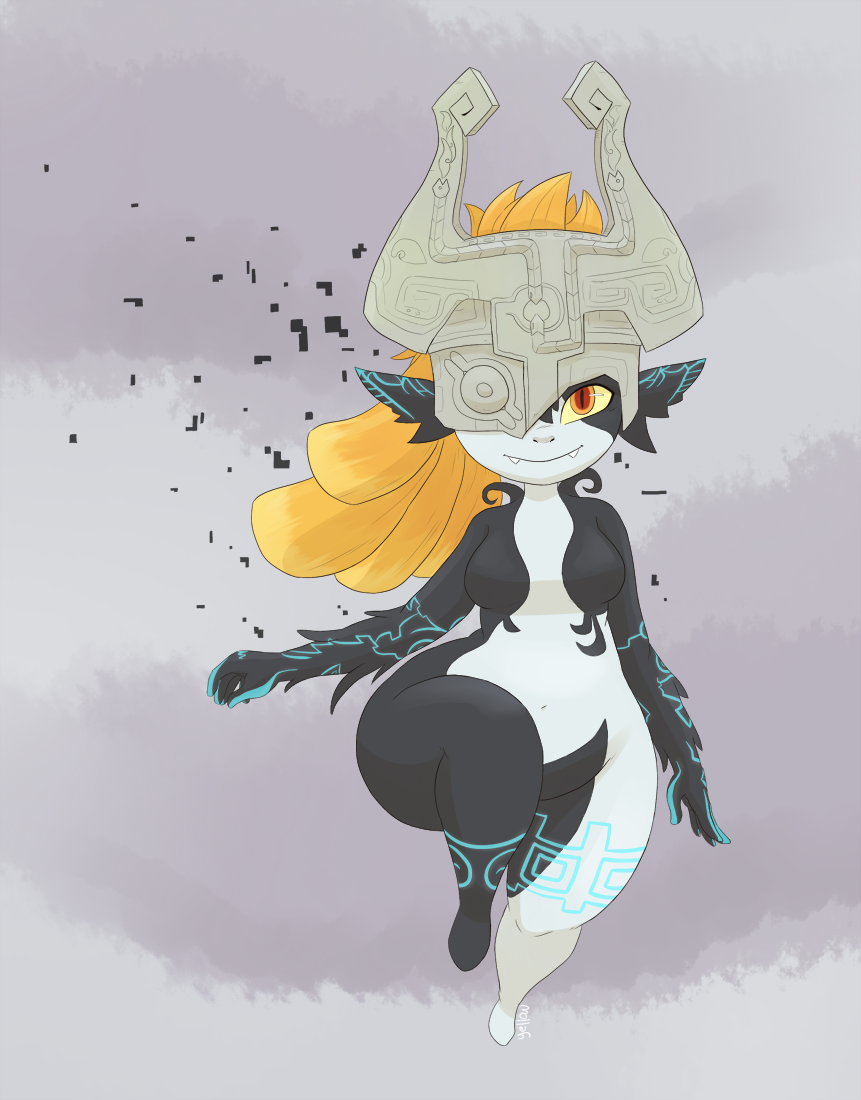 yellowhellion, midna, nintendo, the legend of zelda, the legend of zelda: twilight princess, commentary, english commentary, 1girl, 2014, alternate breast size (larger), arm at side, arm tattoo, arm up, barefoot, black skin, blue skin, breasts, colored sclera, colored skin, covered eyes, fang, fang out, floating, gradient background, helmet, helmet over eyes, knees up, leg tattoo, long hair, looking at viewer, medium breasts, multicolored skin, navel, nude, orange hair, ponytail, red eyes, shortstack, simple background, smile, tattoo, thick thighs, thighs, two-tone skin, wide hips, yellow sclera