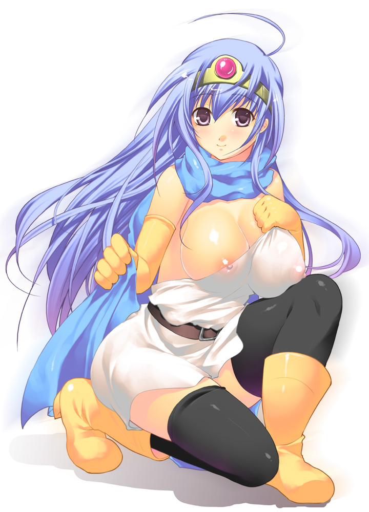 ookami ryousuke, sage (dq3), chunsoft, dragon quest, dragon quest iii, enix, bad id, bad pixiv id, 1girl, ahoge, belt, black thighhighs, blue hair, boots, breasts, cape, circlet, cleavage, covered erect nipples, elbow gloves, female focus, gloves, kneeling, large breasts, latex, latex gloves, long hair, nipples, purple eyes, red eyes, smile, solo, thighhighs, zettai ryouiki