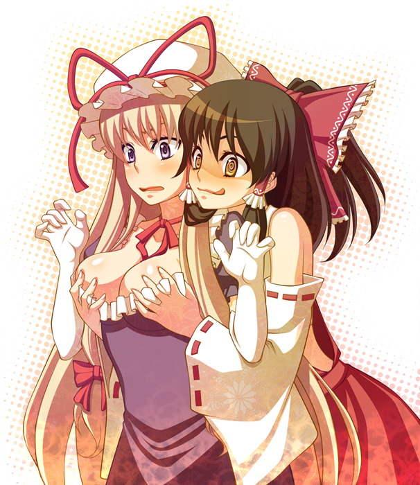 terumii, hakurei reimu, yakumo yukari, touhou, 2girls, :q, @ @, blonde hair, blush, bow, breasts, brown eyes, brown hair, cleavage, crazy eyes, detached sleeves, elbow gloves, female focus, gloves, grabbing another's breast, groping, hair bow, halftone, halftone background, hat, licking lips, long hair, multiple girls, purple eyes, role reversal, surprised arms, tongue, tongue out, you gonna get raped, yuri