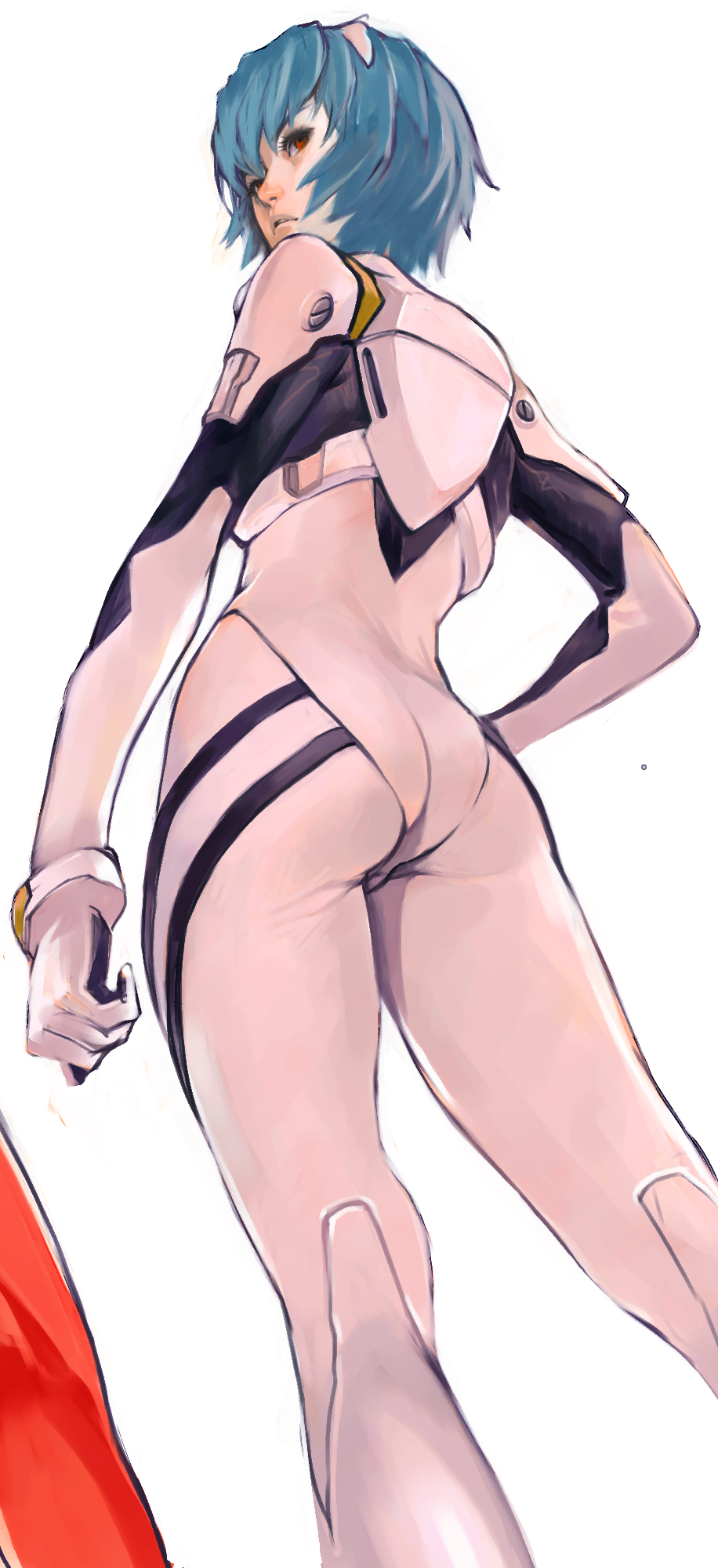 kiyohisa, ayanami rei, neon genesis evangelion, highres, long image, tall image, 1girl, ass, back, blue hair, female focus, looking back, mecha pilot suit, plugsuit (evangelion), red eyes, short hair, solo