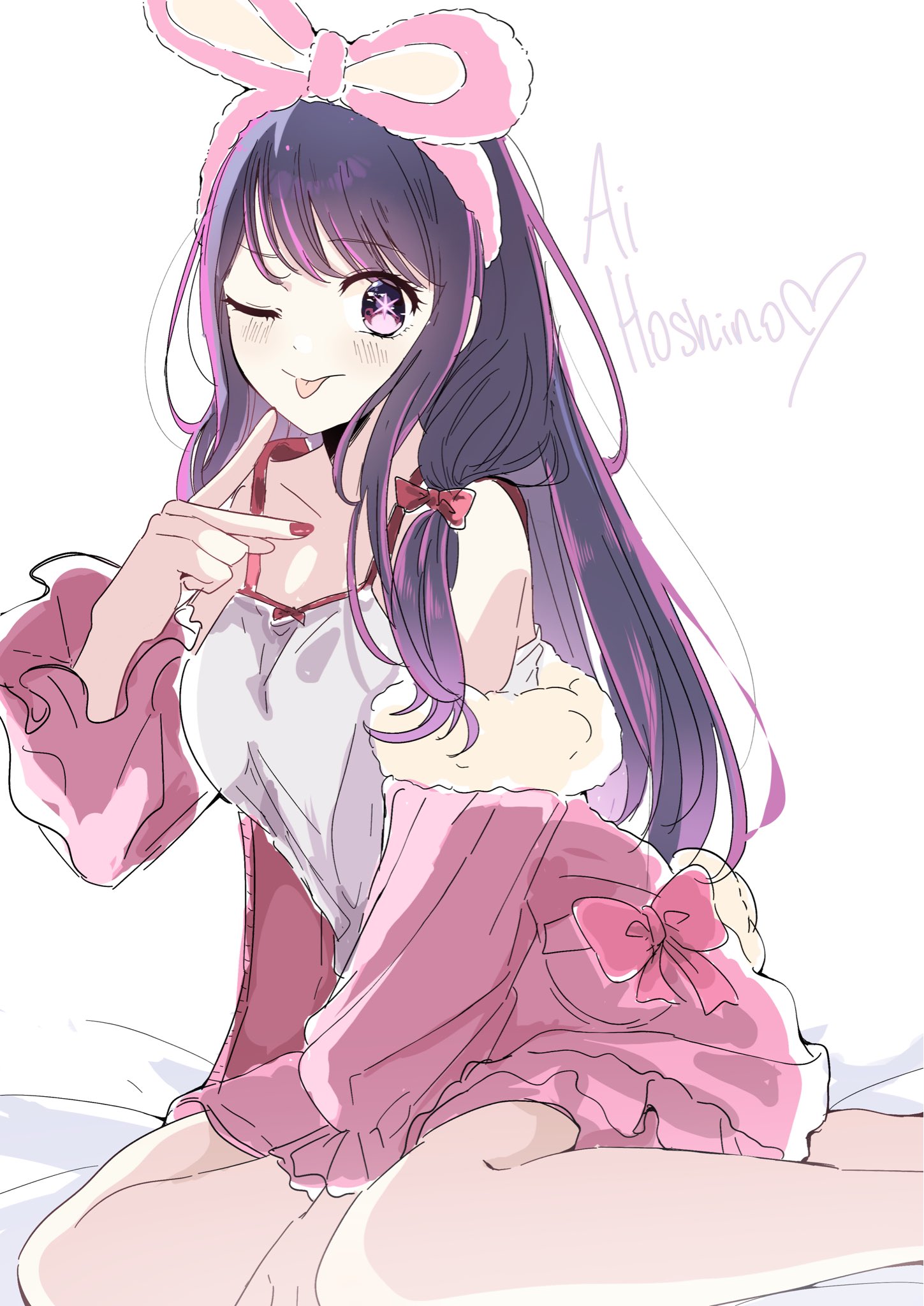 risdelusions, hoshino ai, oshi no ko, commentary, highres, symbol-only commentary, 1girl, camisole, cardigan, character name, long hair, looking at viewer, nail polish, one eye closed, open cardigan, open clothes, pink cardigan, pink streaks, purple eyes, purple hair, red nails, sidelocks, sitting, solo, star-shaped pupils, star (symbol), symbol-shaped pupils, tongue, tongue out, white camisole