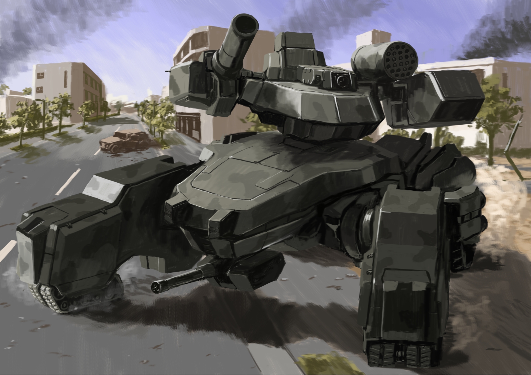 tyokugekidato, original, highres, arm cannon, black smoke, blue sky, bulding, caterpillar tracks, mecha, missile pod, no humans, one-eyed, outdoors, robot, sky, smoke, weapon, wreckage