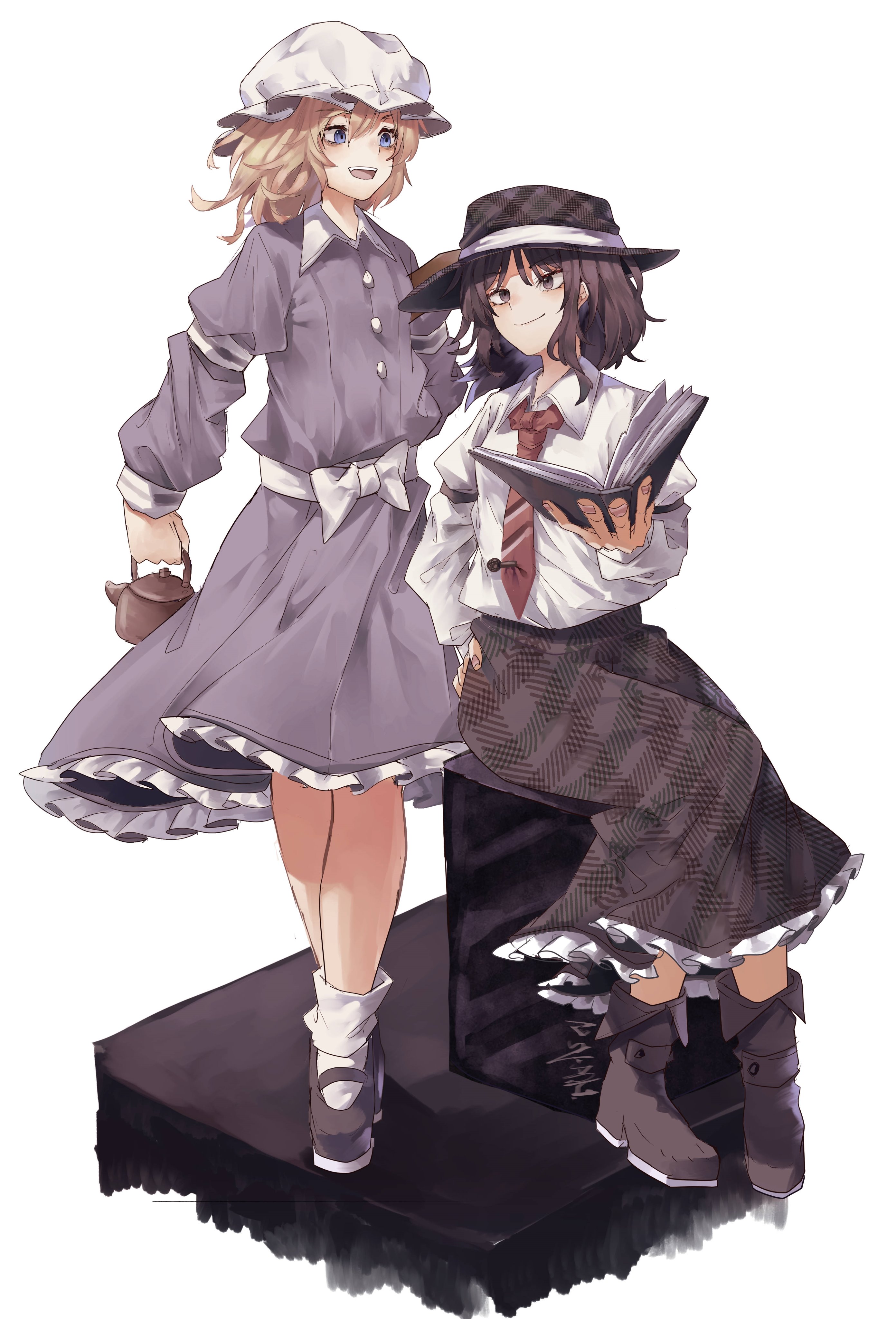 muraryo, maribel hearn, usami renko, ghostly field club, touhou, absurdres, highres, 2girls, :d, arm garter, black arm garter, black hat, black shoes, black skirt, blonde hair, blue eyes, book, boots, bow, brown boots, brown eyes, brown hair, buttons, collar, dress, frills, graveyard, hair between eyes, hat, holding, holding book, holding teapot, long dress, long sleeves, looking at another, mary janes, mob cap, multiple girls, necktie, open mouth, plaid clothes, plaid skirt, purple dress, sash, shoes, short hair, simple background, sitting, skirt, sleeve cuffs, smile, socks, standing, teapot, tombstone, white arm garter, white background, white bow, white collar, white sash, white socks