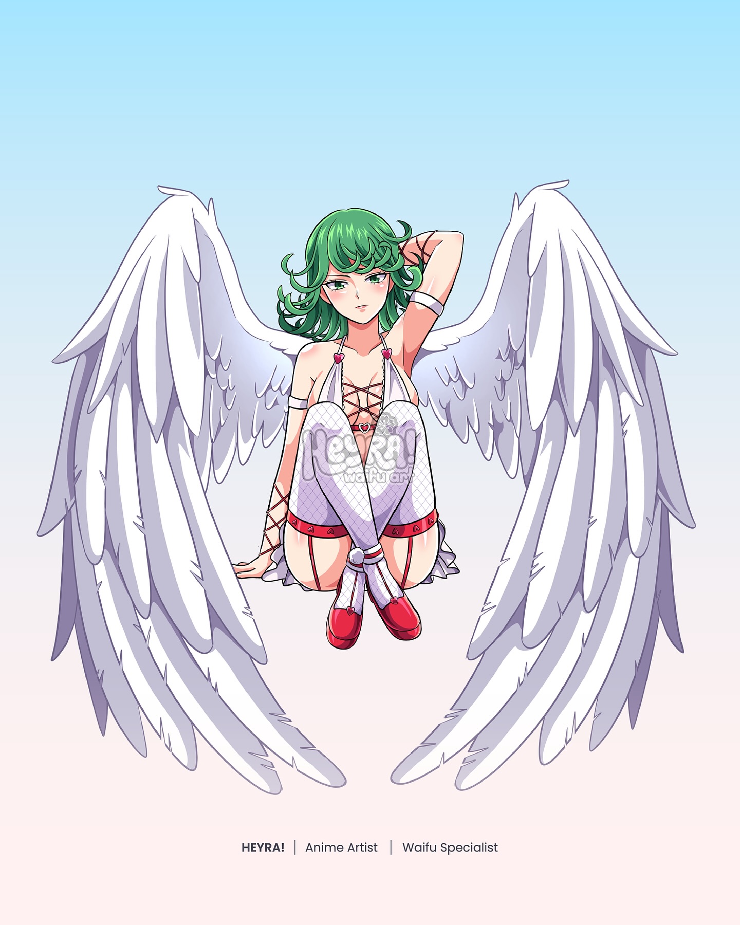 tatsumaki, one-punch man, commentary, commission, english commentary, highres, 1girl, alternate breast size (larger), angel wings, arm behind head, artist name, bikini, bikini top only, breasts, cleavage, criss-cross straps, fishnet thighhighs, fishnets, garter straps, green eyes, green hair, heyreza.art, medium breasts, miniskirt, red shoes, shoes, skirt, solo, swimsuit, thigh strap, thighhighs, watermark, white bikini, white skirt, white thighhighs, wings