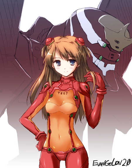 ryoumoto ken, eva 02, souryuu asuka langley, neon genesis evangelion, rebuild of evangelion, 00s, 1girl, bodysuit, breasts, brown hair, cleavage, long hair, mecha, mecha pilot suit, plugsuit (evangelion), robot, see-through cleavage, see-through clothes, test plugsuit (evangelion)