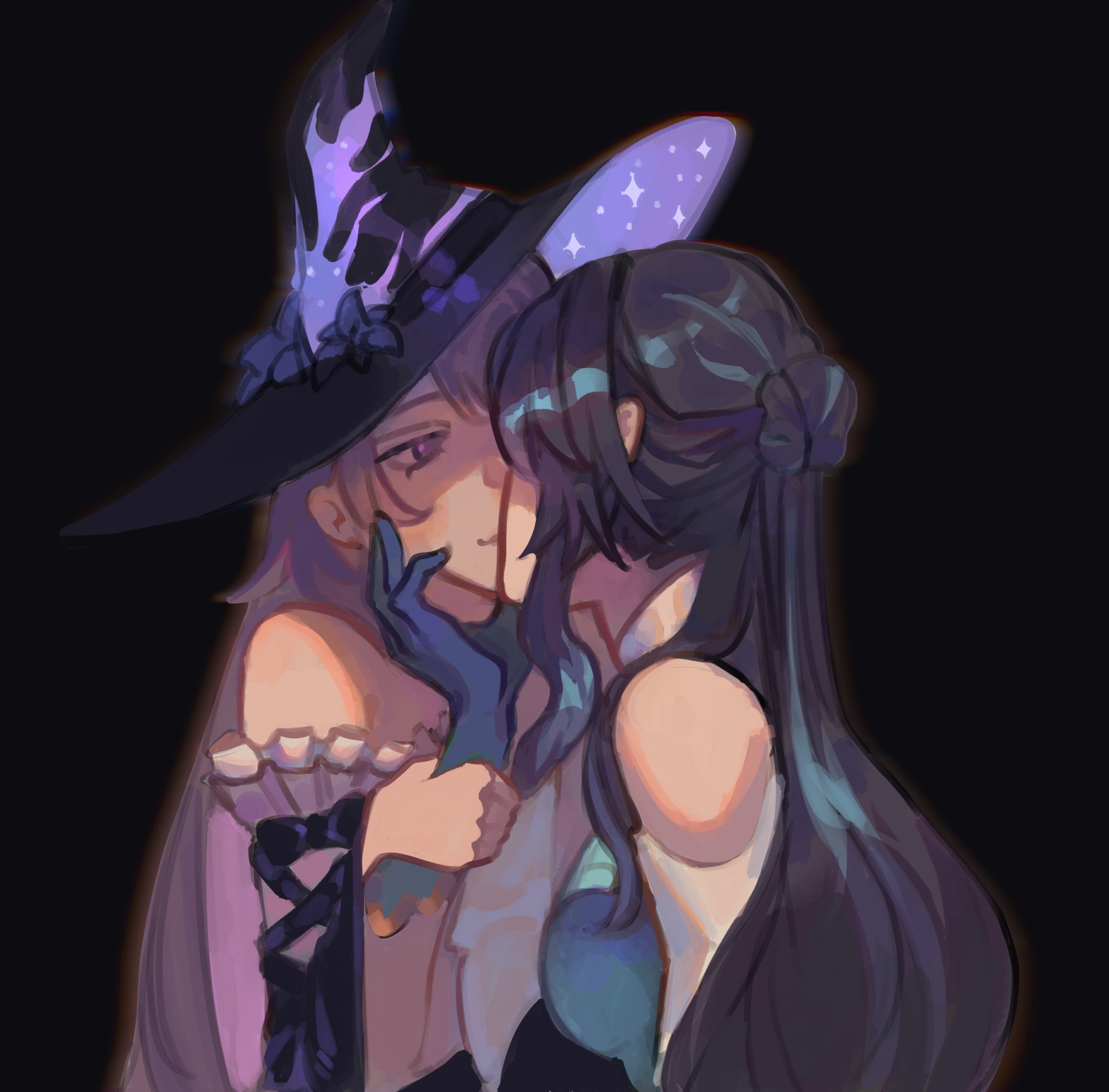 herta (honkai: star rail), ruan mei (honkai: star rail), the herta (honkai: star rail), honkai: star rail, honkai (series), commentary, hashtag-only commentary, highres, 2girls, black background, black hair, blue dress, blue gloves, blue streaks, chuupep, detached sleeves, dress, elbow gloves, gloves, hat, kiss, long hair, multiple girls, purple eyes, purple hair, purple hat, simple background, witch hat, yuri