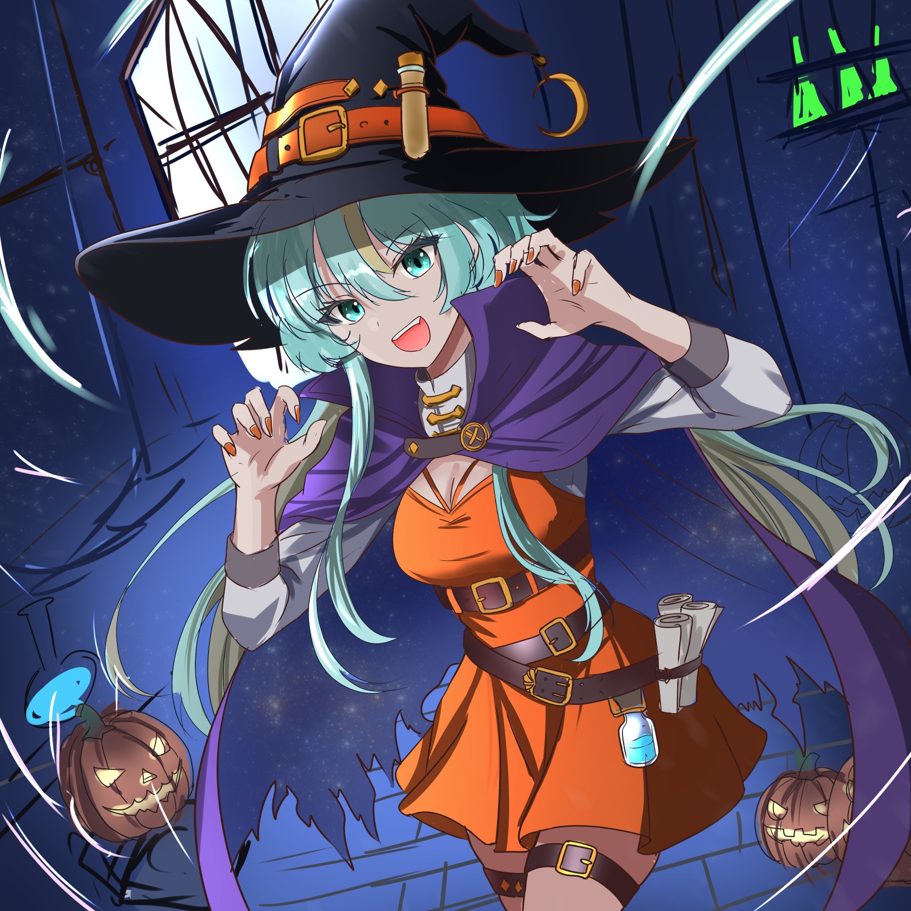 jinshin, ragnarok online, commentary request, highres, 1girl, alternate costume, belt, black hat, blonde hair, blue eyes, blue hair, breasts, brown belt, claw pose, cleavage, cloak, colored inner hair, cowboy shot, dress, fingernails, halloween, hat, jack-o'-lantern, long hair, looking at viewer, medium breasts, multicolored hair, open mouth, orange dress, orange nails, pumpkin, purple cloak, scroll, simulation juncea, smile, solo, vial, window, witch, witch hat