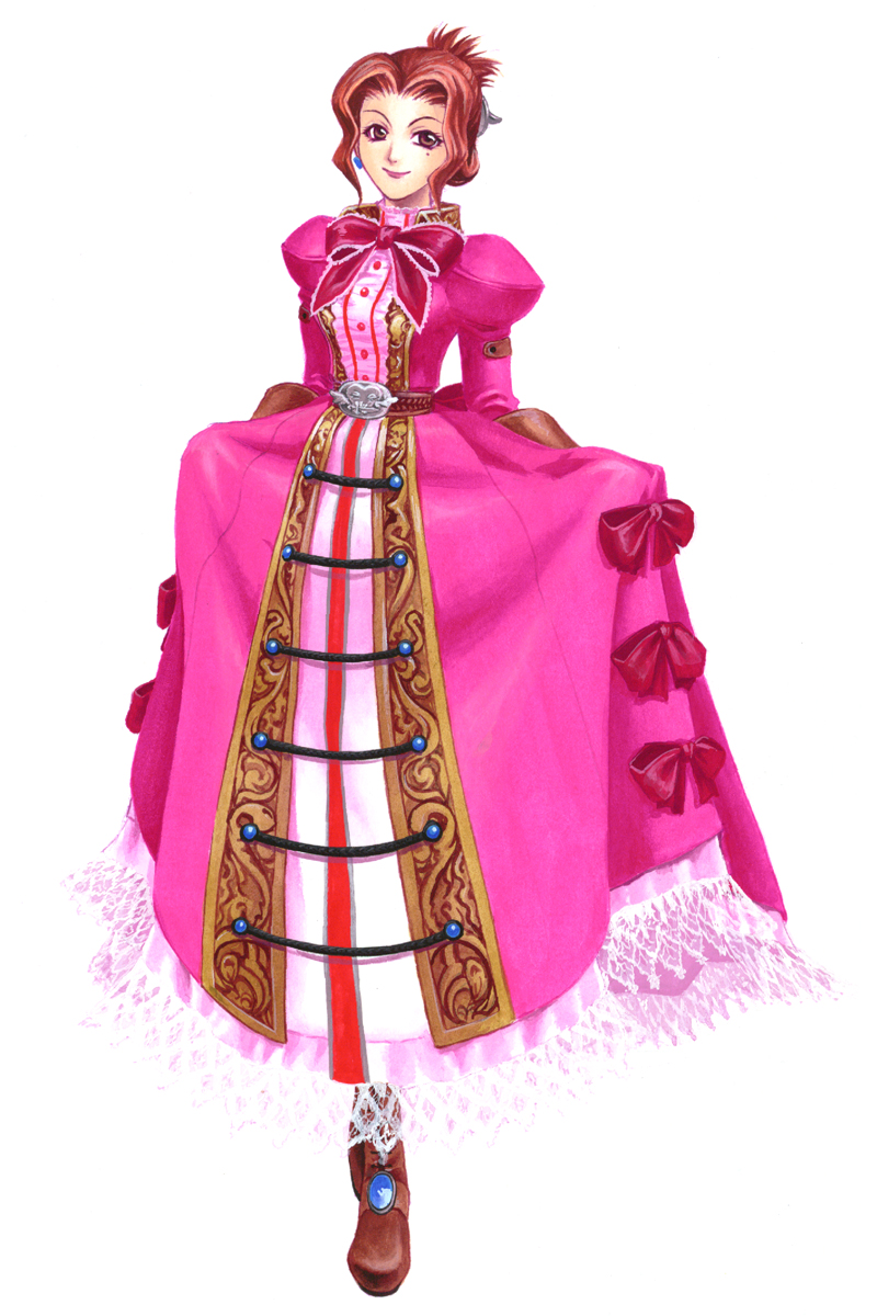 hoshi itsuki, clara (skies of arcadia), eternal arcadia, highres, official art, dress, lipstick, makeup, mole, mole under eye, simple background, solo