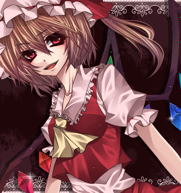 sakurase yuzuru, flandre scarlet, touhou, 1girl, blonde hair, blouse, collared shirt, female focus, hair between eyes, hat, mob cap, one side up, ponytail, red eyes, shirt, short hair, side ponytail, solo, white hat, white shirt, wings