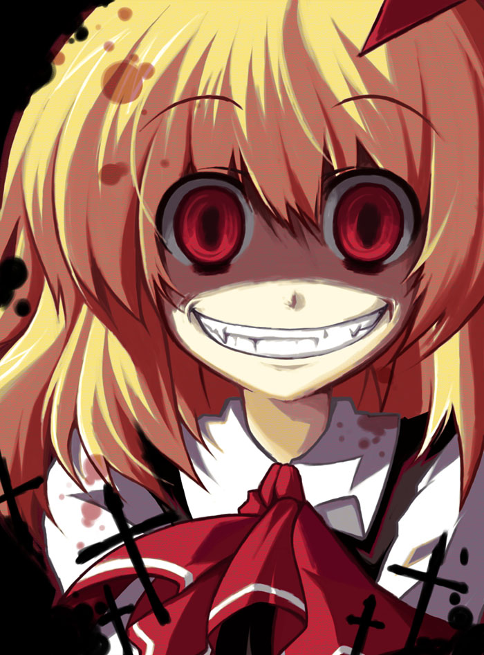 utsurogi angu, rumia, embodiment of scarlet devil, touhou, bad id, bad pixiv id, 1girl, blonde hair, crazy, crazy eyes, creepy, cross, evil grin, evil smile, female focus, grin, hair ribbon, red eyes, ribbon, shaded face, short hair, smile, solo, yandere, you gonna get raped