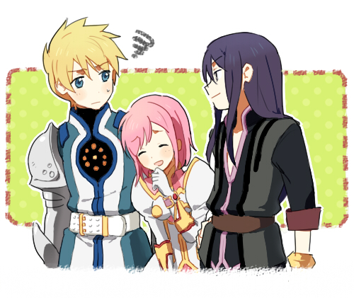 mozu (modagoro), estellise sidos heurassein, flynn scifo, yuri lowell, tales of (series), tales of vesperia, bad id, bad pixiv id, lowres, 00s, 1girl, 2boys, armor, black hair, blonde hair, blue eyes, gloves, long hair, multiple boys, pink hair, smile