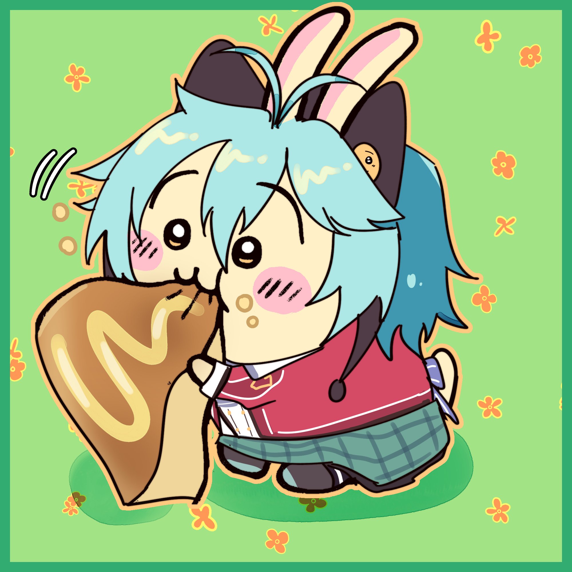 millium orion, eiyuu densetsu, sen no kiseki (series), sen no kiseki i, commentary, english commentary, highres, ahoge, animal ears, back bow, blue hair, border, bow, chibi, double-parted bangs, eating, food, green background, green border, hair between eyes, holding, holding food, jacket, plaid clothes, plaid skirt, rabbit ears, school uniform, short hair, simple background, skirt, thors military academy class vii uniform, tofuloafu7